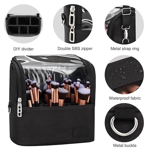 Makeup Brush Bag, Makeup Brush Holder Travel Stand-up Makeup Cup Large Makeup Brush Organizer Case Professional Cosmetic Bag Artist Storage Bag with Adjustable Divider (Large, Black) thumbnail 7