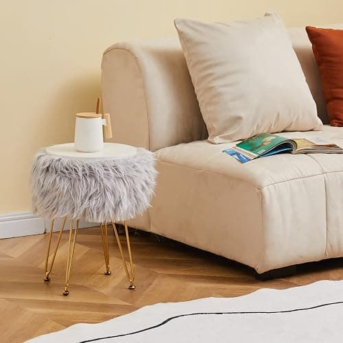 Mxfurhawa Faux Fur Storage Ottoman Round Furry Vanity Stool Marble Grain Tray Coffee Table Compact Footrest Stool with 4 Metal Legs Soft Makeup Seat Foot Stools for Living Room Bedroom Entryway Grey thumbnail 3