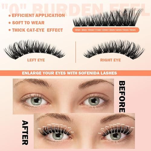 SOFENIDA Lash Clusters 80D Cluster Eyelash Extensions 8-16mm Cat Eye Wispy Eyelash Clusters 12 Pairs D Curvature Eyelash Clusters Left & Right Diy Lash Extension at Home thumbnail 5