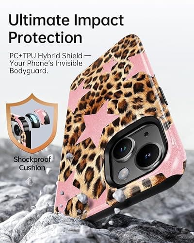 TAMUEL for iPhone 14 Case, Leopard Cheetah Print Phone Case, Compatible with Magsafe, Trendy Cute Cool Pink Star Magnetic Slim Silicone Shockproof Protective Women Girl Cover thumbnail 4