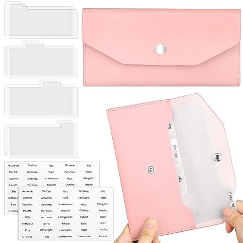 Frienda Cash Envelope Wallet PU Leather 7 x 3.5 Inch Reusable Budget Money Pouch Envelope Organizer 8 Cash Dividers 2 Sheets Category Sticker Labels for Wallets Bill Planner(Pink,Classic) - Image 1