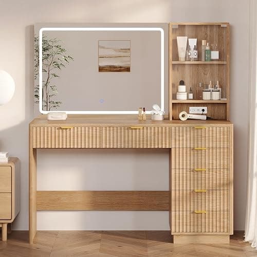 BTHFST Fluted Vanity Desk with Large Mirror,Lights,Charging Station, Oak | 47.4" Large Makeup Vanity with 7 Drawers, Glass Cabinet, Storage Shelves, Wood Vanity Table for Women, Girls thumbnail 9