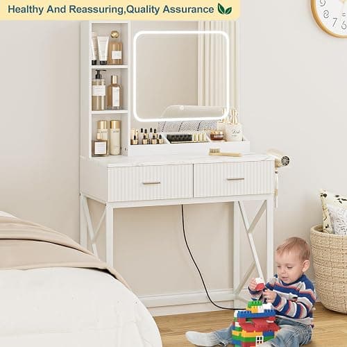 SONGXIN Vanity Desk with Mirror and Lights 3 Colors, Makeup Vanity with 2 Drawers and Storage Shelves, White Vanity Table with Power Outlet, Hair Dryer Holder, Makeup Desk for Bedroom thumbnail 8