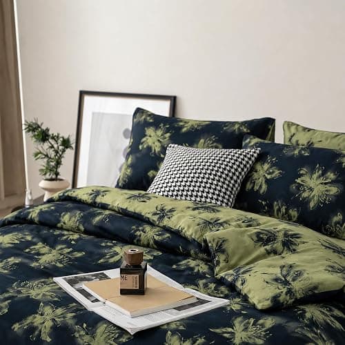 Purefair 100% Cotton Gauze Jacquard Comforter Set, Floral Lily Bloosom Print, Soft 2 Layers Reversible Lightweight 3 Piece Bedding Sets for All Season, Green Black, Full/Queen(90"x90") thumbnail 4