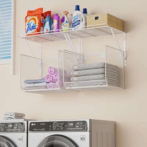 2 Pack Laundry Room Shelves Organization And Storage,Wall Mounted Clothes Drying Rack With Wire Mesh Basket Over Washer And Dryer,Large Capacity Floating Wall Shelf For Bathroom,Kitchen,Storeroom - Image 1