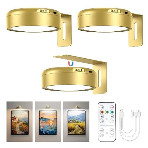 3 Stück Bilderleuchte Kabellos mit Fernbedienung, 2000mAh USB Aufladbar LED Dimmbar Bildbeleuchtung Kabellos, Magnetisch Wandlampe mit 3 Farbtemperaturen & Timer für Bilder GemäLde Kunst Wand (Gold) - Image 1