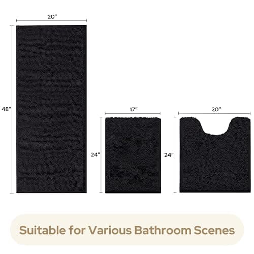 HOMEIDEAS 3 Pieces Bathroom Rugs, Extra Large Ultra Soft Non Slip Absorbent Chenille Toilet Bath Mat Set (Black) thumbnail 2