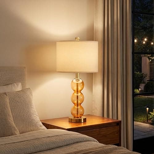 Oneach 25" Amber Glass Table Lamps for Living Room, Glass Modern Table Lamp Set of 2, USB Charging Ports, Linen Shade, Bedside Lamps for Bedroom, Nightstand, Side Table (Bulbs not Included) thumbnail 3