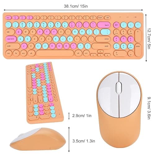 Wireless Keyboard and Mouse Combo, Retro Typewriter Keyboard with Round Keycaps, 2.4GHz USB Cute Wireless Keyboard Mouse for Computer, Desktop, Laptop and Computer (Orange Colorful) thumbnail 6