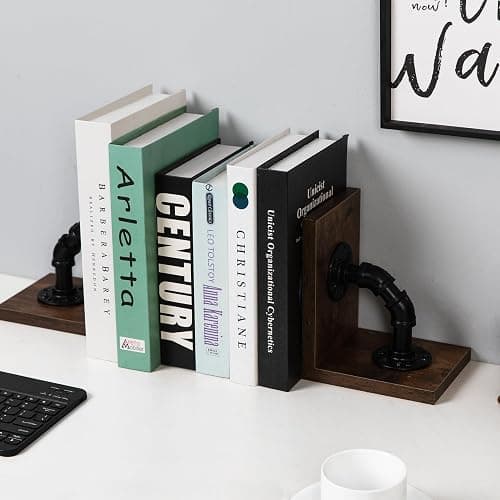 Rustic Decorative Wooden Tabletop Farmhouse Bookends for Heavy Books with Modern Industrial-Style Pipe Office Desktop Bookshelf Organizers Stoppers Holder Nonskid Shelf Decor 1-Pair (Dark Brown) thumbnail 4