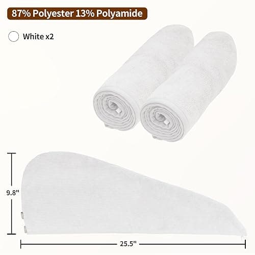 NEXCOVER Hair Towel Microfiber, 2 Pack White 9.8 inch X 25.5 inch Hair Wrap,Ultra Absorbent Hair Turbans,Fast Drying Head Towels for Women Wet Hair,Long,Curly,Thick,Frizzy Hair thumbnail 4