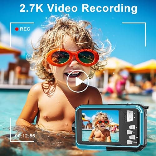 Underwater Camera 2.7K Waterproof Camera with 32GB Card 48MP Autofocus Selfie Dual-Screen Cameras for Snorkeling Compact Digital Camera 1250mAh Battery (Blue) thumbnail 2
