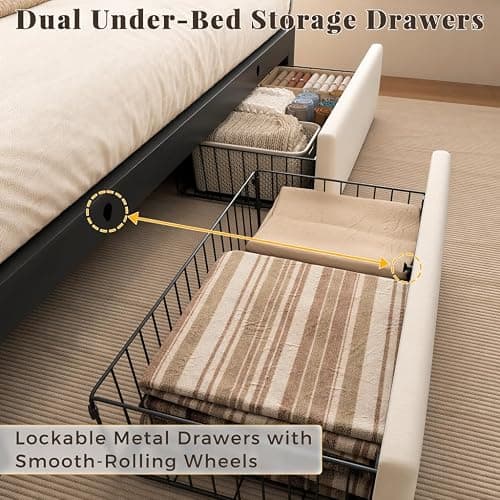UHTN Queen Bed Frame with 2 Storage Drawers, Beige Velvet Upholstered | Platform Bed with Charging Ledge, LED Headboard Lighting, Metal Support, Noise Free, No Box Spring Needed, Easy Assembly thumbnail 4