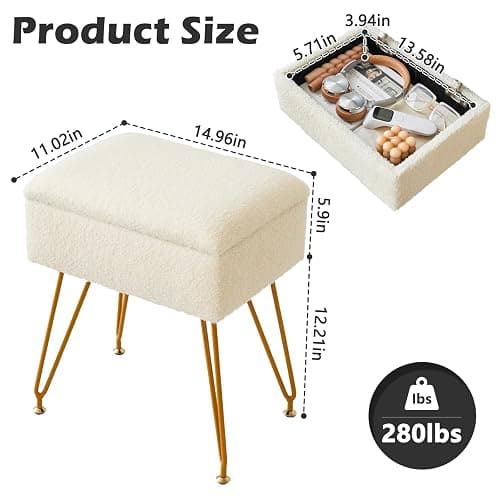Alessing Vanity Stool Chair Ottoman with Storage, Sherpa Vanity Chair for Makeup Room, Rectangle Vanity Stools with Metal Legs, Soft Makeup Stool Footrest Footstools for Bedroom Living Room, White thumbnail 2