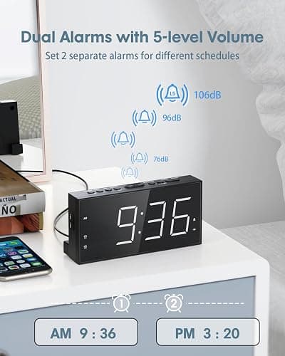 Loud Alarm Clock with Bed Shaker for Heavy Sleeper, Dual Vibrating Alarm Clock with USB Charger for Hard of Hearing/Deaf, 7.5’’ Large LED Display with Dimmer, Snooze, 12/24H & Battery Backup thumbnail 5