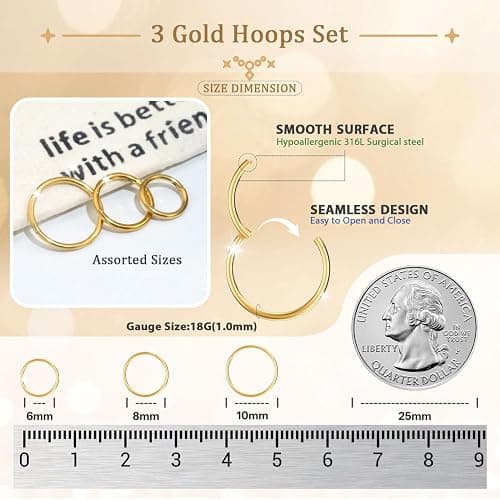 Nose Rings Hoop and Nose Studs Sets for Women Men,Hypoallergenic 316L Surgical Stainless Steel Hinged Clicker Segment Nose Rings Hoop Helix Cartilage Daith Tragus Sleeper Earrings Silver Gold Black L Shape/Corkscrew/Straight Nose Studs Real Body Piercing Jewelry thumbnail 3