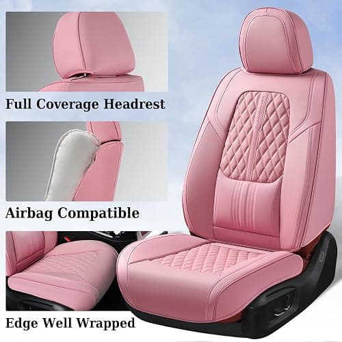 Coverado Car Seat Covers Full Set, Automotive Front and Rear Seat Covers with Backrest, Nappa Leather Car Seat Protectors Waterproof, Universal for Most Vehicles, Pink thumbnail 5