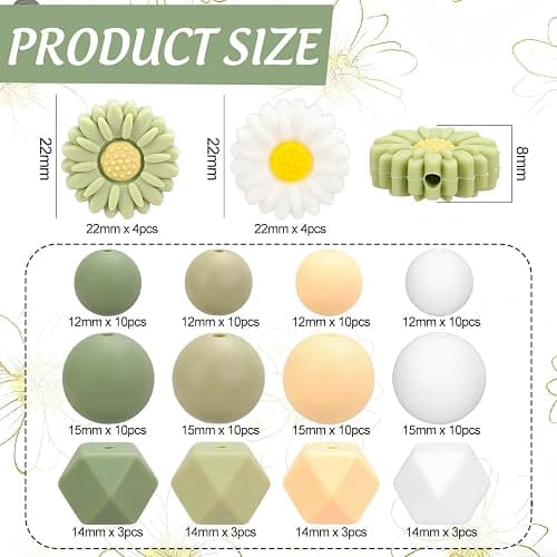 Whaline 100 Pcs Daisy Flower Silicone Beads Sage Green White Round Hexagon Loose Rubber Beads for DIY Crafts Jewelry Necklace Bracelet Keychain Making thumbnail 3