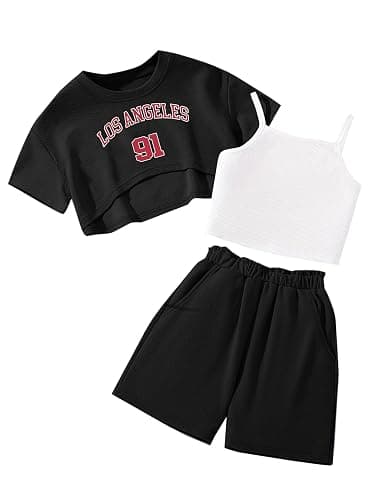 Hilinker Girls 3 Piece Summer Outfits Graphic Crop Tee and Cami Top with Shorts Set - Image 1