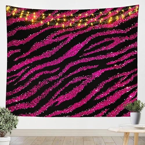 jejeloiu Zebra Tapestry Medium 59"x59" Hot Pink Stripes Wall Hanging for Boys Girls Teens Glitter Wall Blanket Women Men Animal Print Wall Art - Image 1