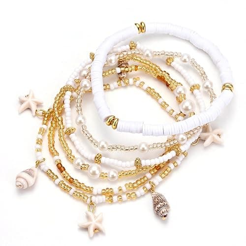 JeryWe 6Pcs Ankle Bracelets for Women - Waterproof Beaded Anklet Bracelet Set, Layered Boho Starfish Seashell Beach Jewelry, Handmade Summer Elastic Anklet - Image 1