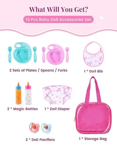 BABESIDE 13 Pcs Baby Doll Accessories Set with Magic Bottles Diapers Pacifiers and Storage Bag, Baby Doll Feeding Set with Realistic Baby Doll Accessories for Girls Pretend Play Toys thumbnail 4
