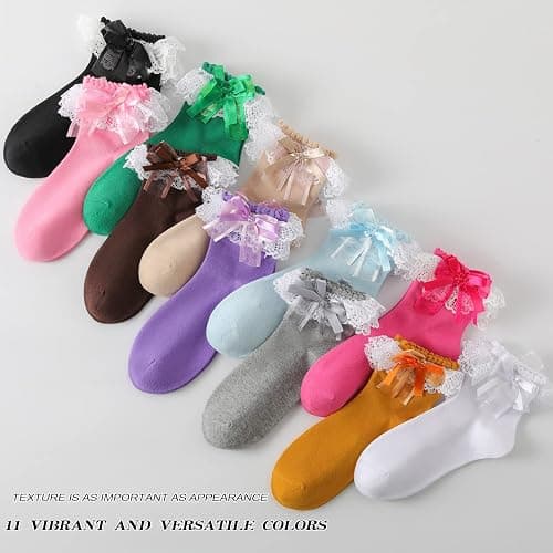 AMHRLINGTO Lace Ruffle Frilly Socks for Women - Lace Ankle Socks with Bow thumbnail 4