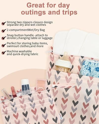ALVABABY 3 Pack Wet Dry Bags for Cloth Diapers, Swimsuits & Gym Clothes, Waterproof Reusable Baby Diaper Bag with 2-Zippered Compartments, Hanging Strap, Machine Washable, Small/Medium/Large for Dayca thumbnail 4