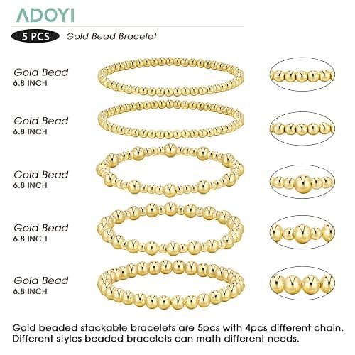 adoyi Gold Bracelets for Women Waterproof, 14K Gold Plated Beaded Strand Bead Ball Bracelets stack Adjustable Jewelry Set for Gifts thumbnail 5