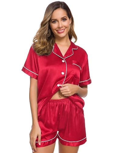 SWOMOG Womens Silk Satin Pajamas Set Short Sleeve Sleepwear Button Down Top and Shorts Loungewear 2 Piece Pjs Set XS-3XL thumbnail 3
