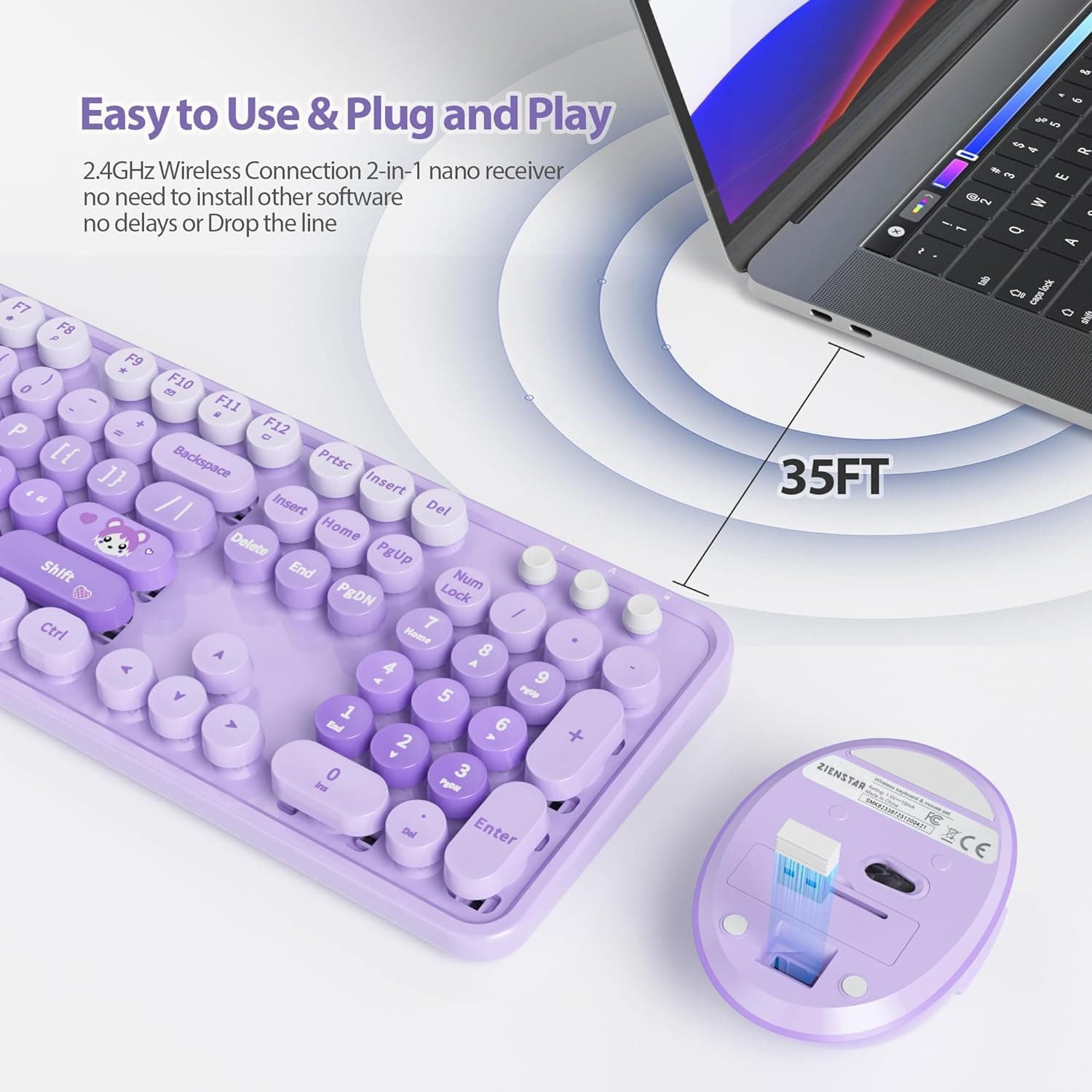 Teclado y Mouse inalámbrico Español,Tecla Redondas Retro Vintage,Multicolor-Morado Gradiente - Morado Gradiente thumbnail 2