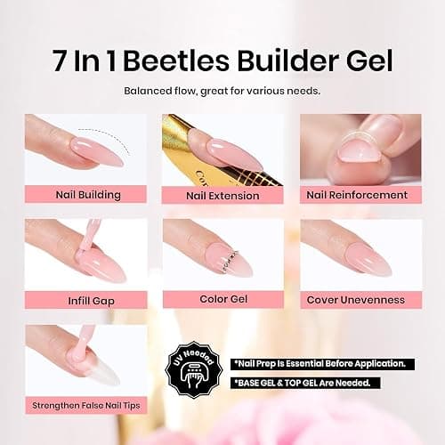 Beetles Builder Gel for Nails-Cover Nude Translucent 7 in 1 Nail Thickening Strengthening Building Apex for Beginner DIY Salon at Home,Natural Nude Builder Nail Gel, UV & LED Lamp Cured Needed thumbnail 2