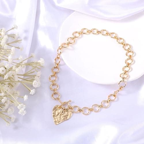 Mikovivi Chunky Gold Pendant Necklaces for Women, Large Statement Hammered Heart Pendant Necklace Vintage Chunky Gold Chain Necklace for Women Trendy Jewelry Gift thumbnail 4