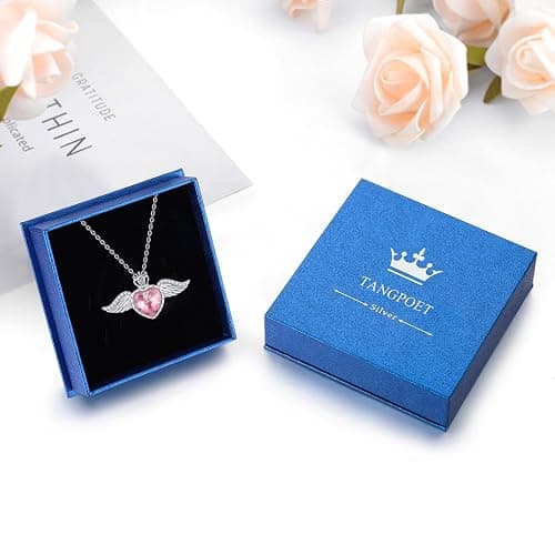 TANGPOET Engelsflügel Halskette 925 Sterling Silber Liebe Herz Kristall Kette Königin Krone Anhänger Geburtsstein Schmuck Geschenk für Frauen Mädchen mit Geschenkbox thumbnail 7
