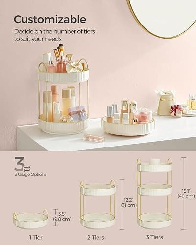 SONGMICS Makeup Organizer, 3-Tier Round Rotating Skincare Organizer Countertop, Customizable, Toiletries Vanity Organizer, Lazy Susan, Christmas Gift, Cloud White UJKA011W01 thumbnail 2