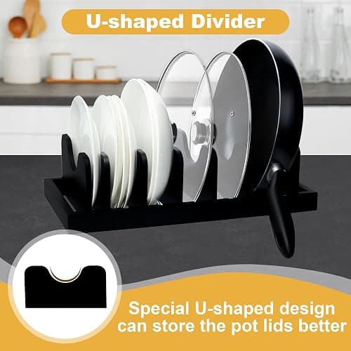 MinBoo Bamboo Pot Lid Organizer Pot Lid Holder, Pot and Pan Organizer Drawer Organizer for Pot Lids, Pans, Cutting Boards & Baking Sheets, Dinner Plates, Reusable Containers in Cabinet Storage,Black thumbnail 3