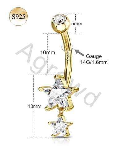 Agrewd 14K Gold Plated Belly Button Rings - Dangle Star 925 Sterling Silver Navel Rings for Women - 14G Belly Piercing Jewelry thumbnail 7
