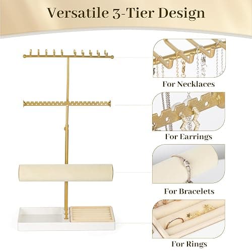 3-Tier Adjustable Jewelry Holder Organizer Stand with 20 Necklace Hooks, 18 Earring Holes and Notches, Bracelet Holder, 6 Ring Rolls, Jewelry Tray for Girls, Women thumbnail 4