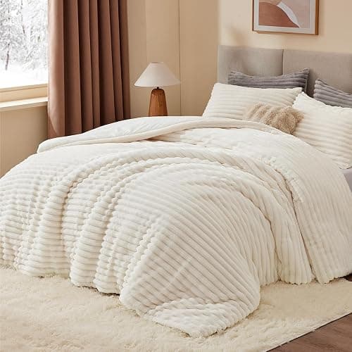 BEDELITE Fleece King Comforter Set -Super Soft & Warm Fluffy Cream White Bedding, Luxury Fuzzy Heavy Bed Set for Winter with 2 Pillow Cases thumbnail 2