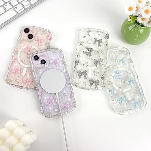 Urarssa Magnetic Case for iPhone 15, Glitter Cute Curly Wavy Frame Aesthetic Ribbon Bow Pattern Clear Case for Women Girls, Transparent Slim TPU Bumper Shockproof Protective Cover, Blue Bows thumbnail 9