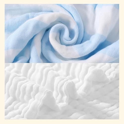 HardNok Organic Muslin Baby Bath Towel Blanket 5-Pc Gift Set - Blue Stripe | Features 41-43" 6-layer blankets, three washcloths newborn to toddler crib or stroller; curated shower registry gift for boys thumbnail 8