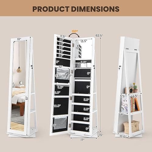 Moccha 2-in-1 Mirrored Jewelry Cabinet, 360 Rotating Free Standing Jewelry Armoire, Lockable Large Capacity Jewelry Organizer w/Full Length Mirror, Inside Makeup Mirror (White) thumbnail 8