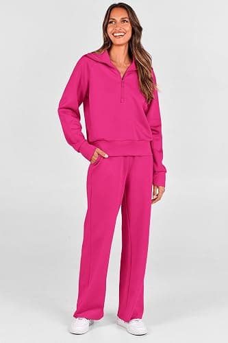 PRETTYGARDEN Women's 2 Piece Outfits Casual Lapel Half Zip Sweatshirts and Wide Leg Pants Tracksuit Sets thumbnail 7