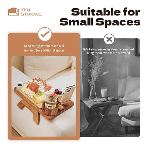 ZenStorage Acacia Wood Couch Arm Table Tray with Charcuterie Board with Phone Holder, Cup Slot & Folding for Wide/Narrow Recliners, Snack Table for Small Spaces TV Entertaining (Natural Wood) thumbnail 7