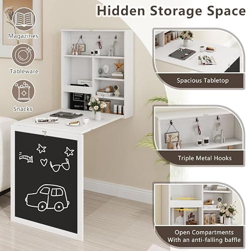 Tangkula Foldable Wall-Mounted Desk, Floating Desk with Chalkboard, Storage Shelves & Hooks, Space-Saving Murphy Table for Home Office, Bedroom, Dorm Room, Small Spaces thumbnail 4