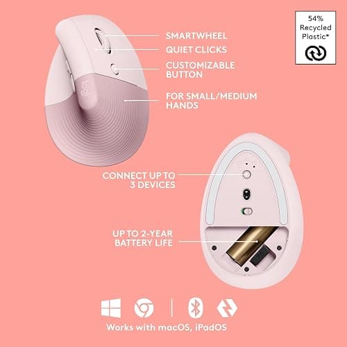Logitech Wave Keys & Lift Vertical Mouse - Ergonomic Bundle — Wireless Keyboard with Cushioned Palm Rest & Vertical Wireless Mouse - Easy-Switch, Bluetooth, for Multi-OS, Windows/Mac - Rose thumbnail 7