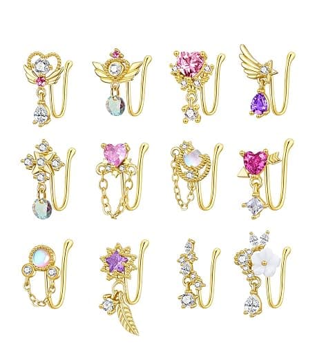 PLOMFOV 12Pcs Fake Nose Ring for Women Dangling Nose Cuffs Faux Clip on Nose Ring for Non Pierced Nose - Image 1