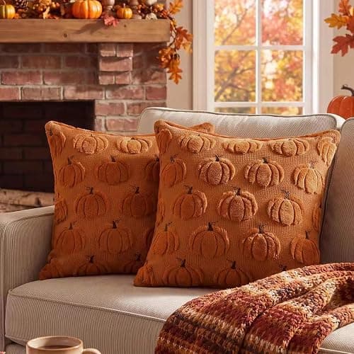 Softalker Fall Throw Pillow Covers 18x18 Set of 2 Rust Orange Pumpkin Decor | Double-Sided plush comfort with raised Autumn pumpkin embroidery, designed for couch sofas, bedrooms, and home decorations. thumbnail 3