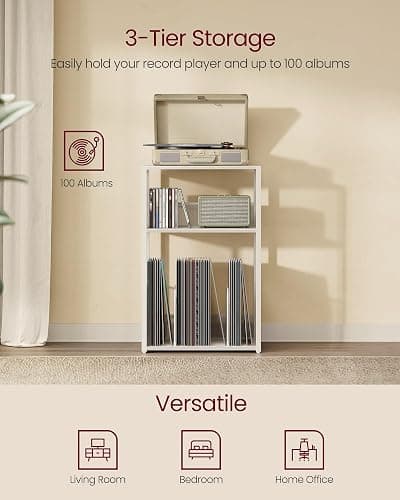 VASAGLE Record Player Stand, 3-Tier Side Table, Vinyl Record Storage up to 100 Albums, End Table for Living Room, Bedroom, Rustic White ULET275W01 thumbnail 4