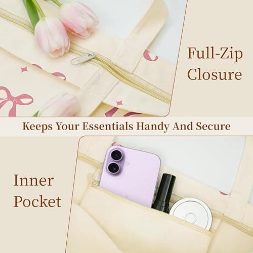 Puresora Canvas Tote Bag for Women with Zipper Cute | Zip Top, with Pockets, Medium Size, Aesthetic, Reusable Shoulder Totes for Shopping, Travel, Work, Daily Carry thumbnail 5